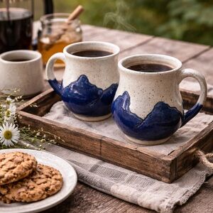 Handmade Studio Pottery Mug Set Blue Mountain Glaze Stoneware, Set of 2